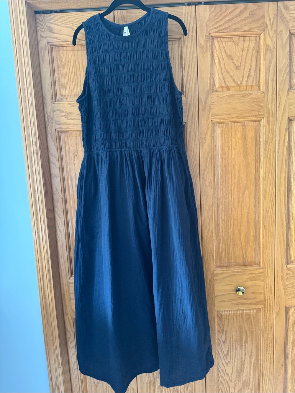 Pact Organic Coastal Double Gauze Smocked Dress Navy